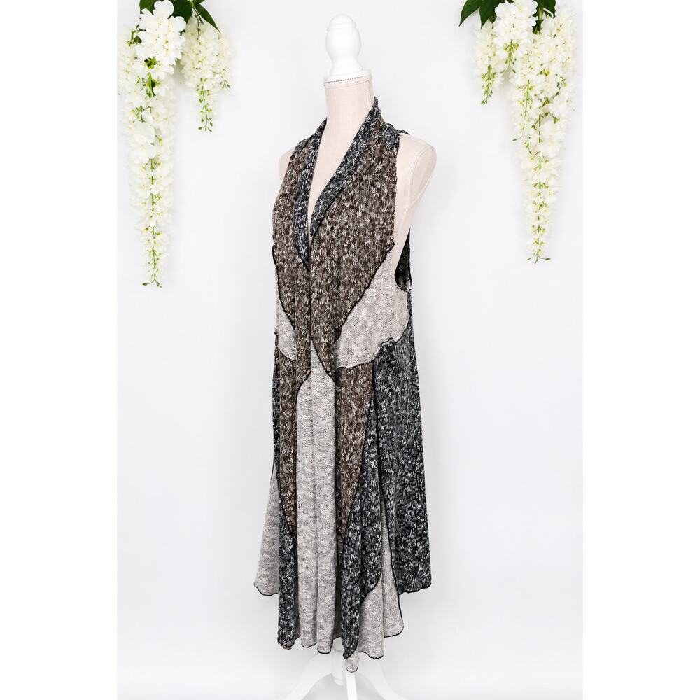 Lagenlook Open Knit Duster Vest Large Wool Blend Gray Marled Waterfall Boho - Picture 2 of 15